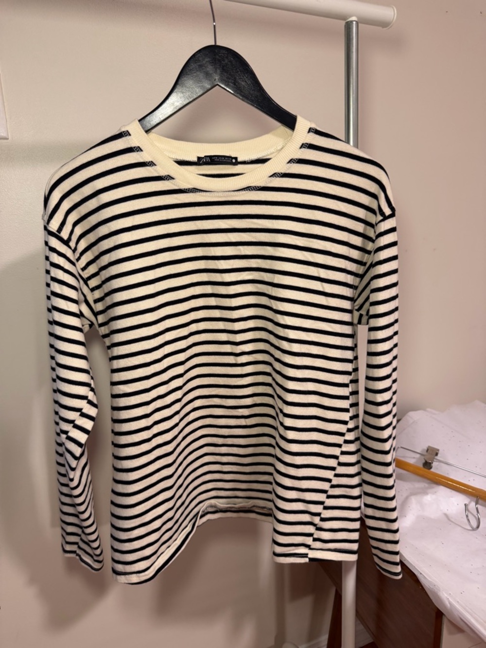 Zara Striped Long Sleeve Crewneck Top - Black & White